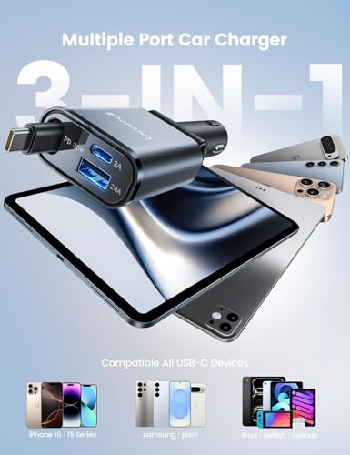Lamicall Retractable Car Charger USB C 57W Charging for iPhone 17 16 15 - color: Dark grey