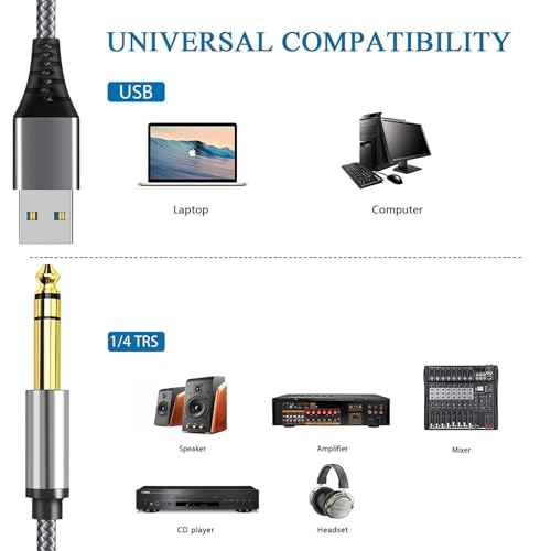 USB to 1/4 inch TRS Audio Stereo Cable 10FT,USB-A to 6.35mm Quarter inch Aux Jack Stereo Audio Cable for PC, Laptop, Amplifier, Mixer, Home Theater, Speaker ect - size: 10FT, style: USB to 1/4 TRS Audio Cable