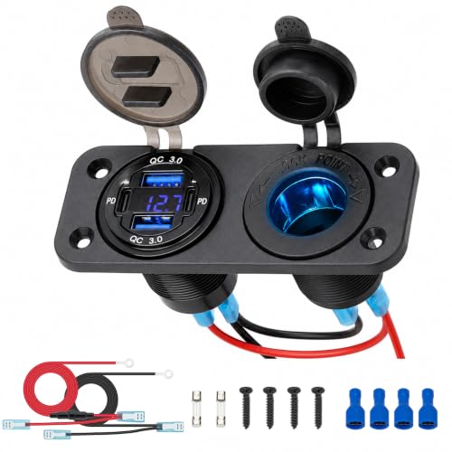 12V Marine USB-C Panel with Voltmeter and Cigarette Lighter Socket - size: 2 in 1 Cigarette Lighter Socket