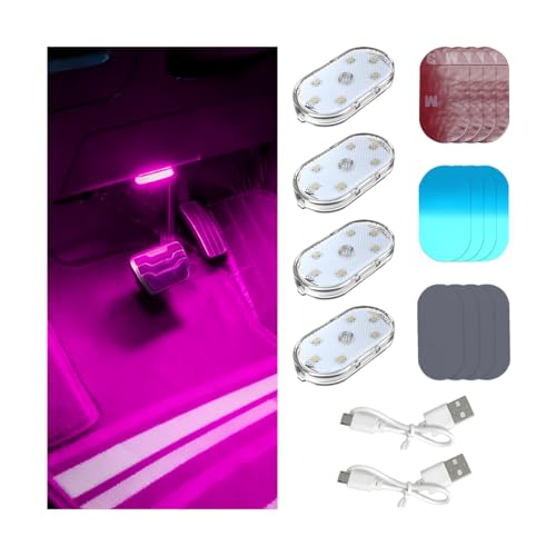 4PCS Car Interior Wireless Led Lights, 6 Bright LED Lamp Beads Magnetic Vehicle Ambient Light, Portable Touch USB Rechargeable Automotive Night Lighting Accessories, Universal Fit (Pink Purple) - color: Pink Purple, size: Touch Control