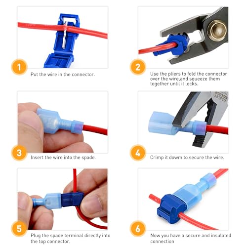 Lenporl 120 Pcs/60 Pairs T-Tap Wire Connectors, Insulated Male Wire Tap Connectors, Self-Stripping Quick Splice Electrical Terminals for 22-10 AWG Gauge Wiring，Automotive Wiring