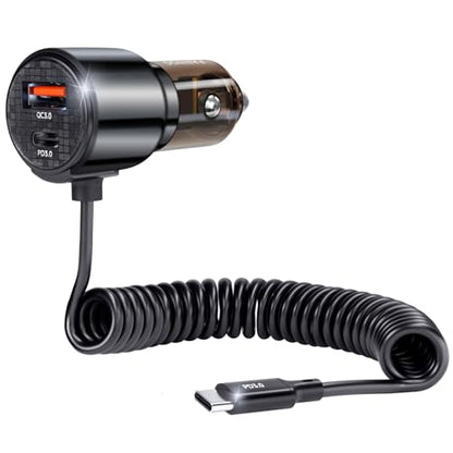110W Retractable Car Charger, 3‑Port Cigarette Lighter Adapter, 5.7 ft Retractable USB‑C Cable, Car Charger USB C Fast Charge for iPhone 17/16/15 Series, Galaxy S25/S24 and More