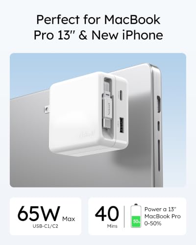 Nekmit USB C Charger Block, 65W 3-Port Wall Charger with Built-in Retractable USB C Cable, PPS Fast Wall Plug for iPhone 17/16/15 Series, iPad, and More