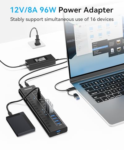 VANGREE Powered USB Hub,16 Ports 10Gbps USB C Hub, 8*USB-A 3.2+8*USB-C 3.2
