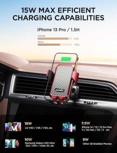 JOYMASS Wireless Car Charger, 15W Fast Charging Auto Clamping Car Charger Cell Phone Holder Mount Vent for iPhone 15 14 13 12 Mini Pro Max 11 XR, Samsung Galaxy S23 Ultra S22 S21+ Note 20, etc - Red - color: RED