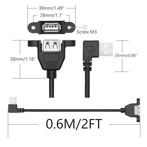 2Pcs 90 Degree USB A Panel Mount Extension Cable 2FT, Charging and Data - style: Right Angle USB A Male to Female Cable - 2FT