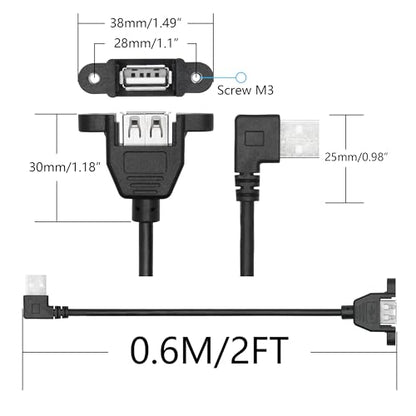 2Pcs 90 Degree USB A Panel Mount Extension Cable 2FT, Charging and Data - style: Right Angle USB A Male to Female Cable - 2FT