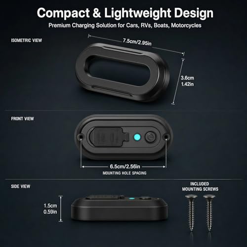 72W 12V RV USB Outlet 3 Port Wall Mount Quick Car Charger Waterproof - color: Dark Black, size: 1P