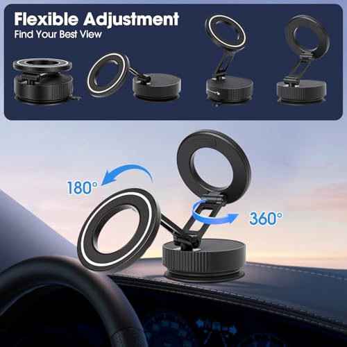 LifetimeWarranty Strong Magnetic Car Phone Holder, 360°Adjustable Car Mount w/ Vacuum Suction,Pocket Size Strong Magnetic Suction Phone Mount for Dashboard and Windshield, Compatible with iPhone 12-17 - color: Black
