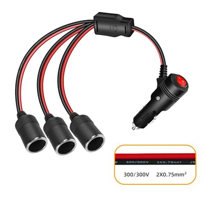 GELRHONR 12V 1 to 3 Cigarette Lighter Splitter Power Adapter, 3 Way Cigarette Lighter Extension Cord with ON OFF Switch, Male Plug to Dual Female Socket Extension Cable-30CM (1 to 3) - size: 0.3M, style: 1 to 3