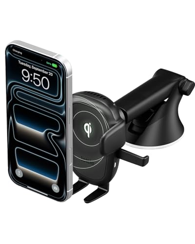 iOttie Easy One Touch Wireless 3 Dash & Windshield Car Mount, 15W Qi Fast Charging Phone Holder, One-Handed Auto Clamp, Adjustable Smartphone Mount for iPhone 17 Pro Max, iPhone 12-17, Samsung, Pixel