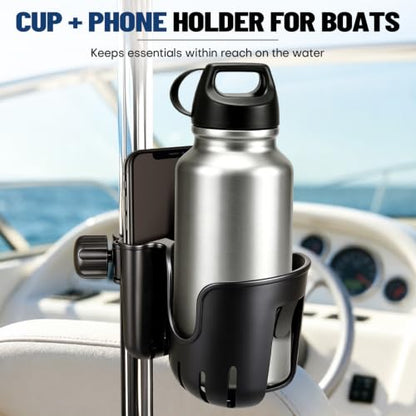 Boat Rail Cup Holder with Phone Slot, Clamp-On Mount for 0.6-1.57 in Rails