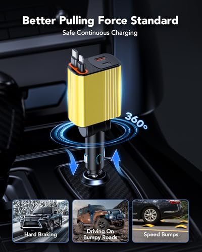 Retractable Car Charger, 4-in-1 Car Lightning Charger with USB-C & USB-A - color: Gold