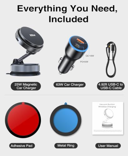 Beeasy 25W Qi2.2 MagSafe Car Mount Charger Built-in Cooling Fan, Upgraded Vacuum Suction Cup 360° Rotation, Magnetic Wireless Car Charger with 63W Adapter for iPhone 17 16 Pro Max Samsung S26 Ultra