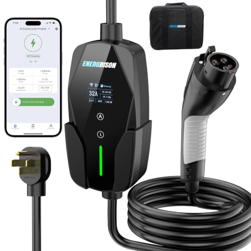 Level 2 EV Charger 32Amp with Smart APP Control - 240V NEMA 14-50 Plug 25ft Cable, Indoor/Outdoor Portable Electric Vehicle Charging Station - Compatible with J1772 Connector Fast Charging for Home - size: 32A
