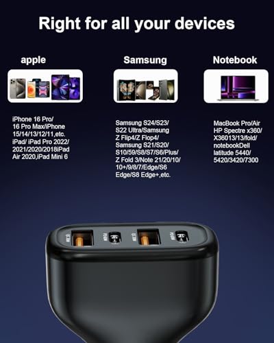 Fast Car Charger USB C, Cigarette Lighter Adapter, 4 Port 120W Dual Type C & USB A Car Charger Adapter PD/QC Fast Charging for iPhone 16/15/Pro Max, iPad, Samsung Galaxy, Pixel, Android