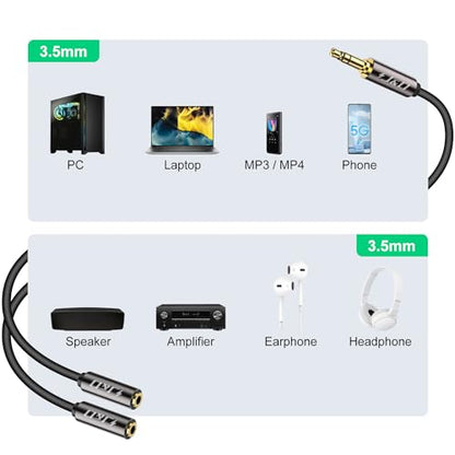 J&D Headphone Splitter 1/8 Audio Stereo Y Splitter Aux Extension Cable, Gold Plated Heavy Duty 3.5mm TRS Male to 2 X 3.5mm TRS Female Headphone Jack Adapter for Earphone, 0.65 Feet