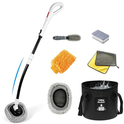 7-in-1 Car Wash Kit with 20L Folding Bucket & Brush – Car Wash Mop with Long Handle, 15° Curved Aluminum Pole for SUV Roof, Car Washing Brushes & Cleaning Supplies, RVs-White. - color: White