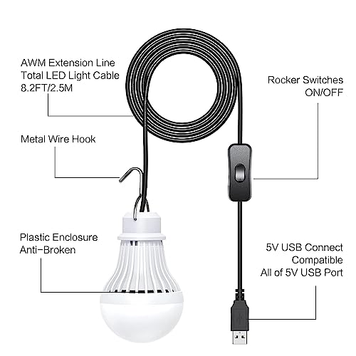2 Pack USB LED Camping Lantern, 8.2 ft Extra Length Cord Tent Light with USB Y-Cable, Portable LED Bulb for Garage, Warehouse, Car, Truck, Fishing Boat, Room, Emergency Light, Warm - style: WarmWhite-2PCS