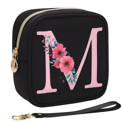 Relavel Initial Mini Makeup Bag for Girls, Small Makeup Bag for Purse with Zipper ＆ Removable Handle, Portable Makeup Pouch Lipstick Skincare Bag, Small Gift Cosmetic Bags for Women Girls(Black M) - size: A-Small, style: M