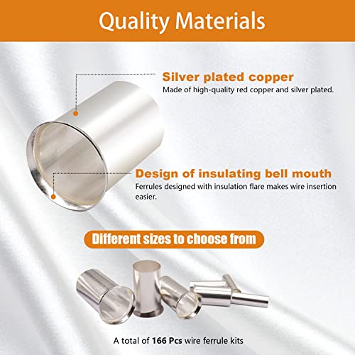 mankk 170PCS Silver Plated Copper Wire Ferrules Kit 8 Sizes AWG (1/0 2/0 2 4 6 8 10 12) Crimp Terminal Connector Sleeves Insulated Cord Pin End Terminal for Wiring Automotive Home Repair - size: 170PCS