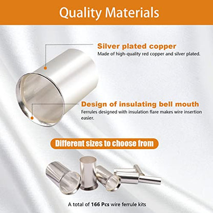 mankk 170PCS Silver Plated Copper Wire Ferrules Kit 8 Sizes AWG (1/0 2/0 2 4 6 8 10 12) Crimp Terminal Connector Sleeves Insulated Cord Pin End Terminal for Wiring Automotive Home Repair - size: 170PCS