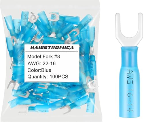 haisstronica 100PCS Heat Shrink Fork Terminals, 16-14 AWG, #8, Blue - color: Blue, size: Fork #8