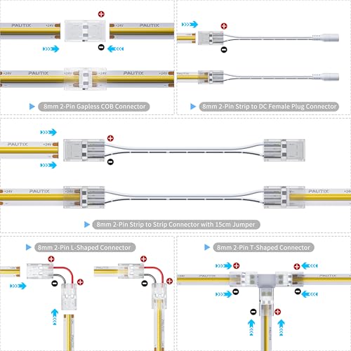 PAUTIX 8mm Connectors for 2-Pin COB LED Strip Lights,4pcs Transparent Gapless Connectors,4pcs Dual End,1pc Single to DC Female Plug 7.9in Extension Wire,2pcs L-shaped Connectors,1pc T-shaped Connector - size: 8mm Cob Connectors/Upgraded Set