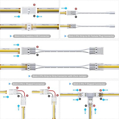 PAUTIX 8mm Connectors for 2-Pin COB LED Strip Lights,4pcs Transparent Gapless Connectors,4pcs Dual End,1pc Single to DC Female Plug 7.9in Extension Wire,2pcs L-shaped Connectors,1pc T-shaped Connector - size: 8mm Cob Connectors/Upgraded Set