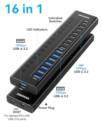 VANGREE Powered USB Hub,16 Ports 10Gbps USB C Hub, 8*USB-A 3.2+8*USB-C 3.2