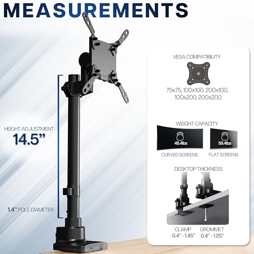 VIVO Clamp-on Single Ultra Wide Monitor Desk Mount, Low Profile Heavy Duty Adjustable Stand for 1 Ultrawide Screen up to 57 inches, 59.4 lbs Capacity, Black, STAND-V157C - size: up to 57" screens, style: Standard