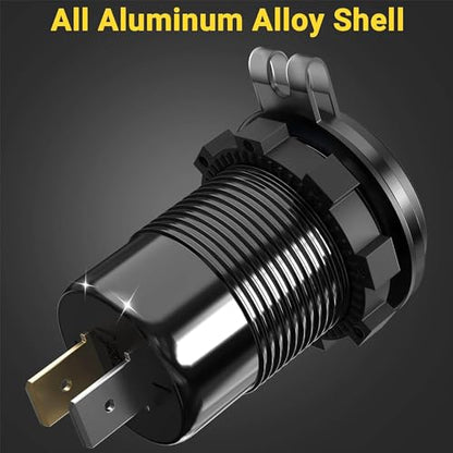 12V USB Outlet 78W Metal Car Charger Socket Dual 30W PD Dual 18W QC3.0 with Voltmeter Aluminum 12V Power Outlet Car USB Port Adapter for Car Truck Golf RV Marine