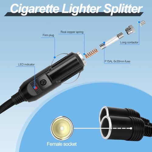 12V Car Cigarette Lighter Splitter, Dual Socket 1 to 2 Adapter, 18AWG Extension Cord with 10A Fuse, Vehicle Charger Power Adapter - color: cigarette lighter adapter01