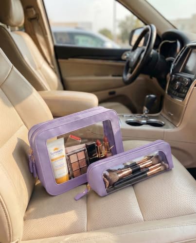 LETGO Makeup Bag Set Cosmetic Pouch for Women Waterproof PU Leather,Travel Toiletry Bag Cute Makeup Organizer Purse Pouch Preppy Pencil Case with Zipper (2Pack-Standard&Slim, Purple) - color: Purple, style: 2pack-standard&slim