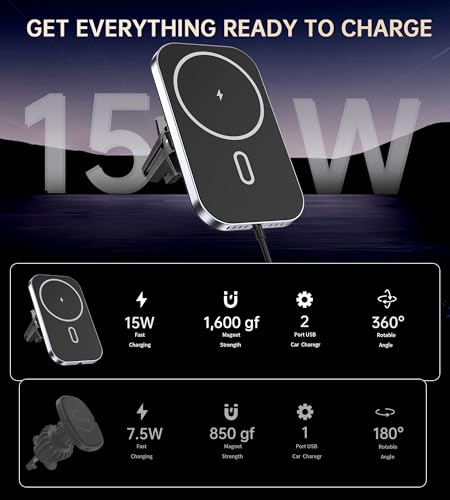 Mukiya for MagSafe Car Mount Charger with Adapter, 360° Rotation Magnetic Wireless iPhone Car Charger for Air Vent, Compatible with iPhone 17/16/15/14/13/12 Series, Gifts for Husband/Men - color: Black