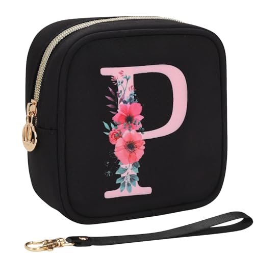 Relavel Initial Mini Makeup Bag for Girls, Small Makeup Bag for Purse with Zipper ＆ Removable Handle, Portable Makeup Pouch Lipstick Skincare Bag, Small Gift Cosmetic Bags for Women Girls(Black P) - size: A-Small, style: P