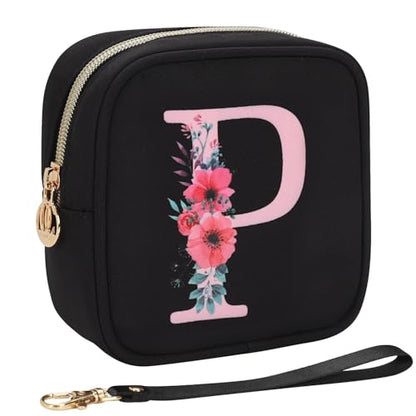 Relavel Initial Mini Makeup Bag for Girls, Small Makeup Bag for Purse with Zipper ＆ Removable Handle, Portable Makeup Pouch Lipstick Skincare Bag, Small Gift Cosmetic Bags for Women Girls(Black P) - size: A-Small, style: P