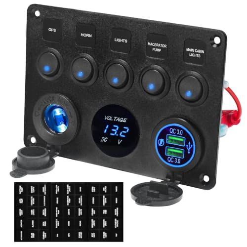 Upgraded 5 Gang Rocker Switch Panel - Dual QC 3.0 USB Charger, Digital Volmeter, 12V Outlet, Pre-Wired with Circuit Breakers for RV/Car/Boat/Truck, 2-Year Warranty (Blue) - color: Blue + Dual QC USB Charger
