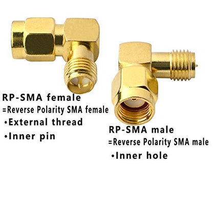 90 Degree Reverse Polarity SMA Coax Adapter RP SMA Male to RP-SMA Female Right Angle Connector for Audio FPV Drone Antennas Radio Video 2-Pack