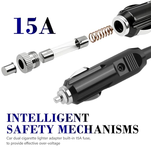12V 1 to 2 Car Cigarette Lighter Adapter with 2 Sockets,18AWG Car Cigarette Lighter Splitter with 15A Fuse,Universal Dual Cigarettes Lighters Adapters for Cars 12V Splitter