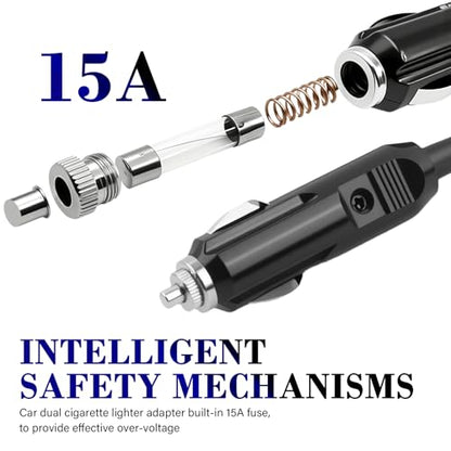 12V 1 to 2 Car Cigarette Lighter Adapter with 2 Sockets,18AWG Car Cigarette Lighter Splitter with 15A Fuse,Universal Dual Cigarettes Lighters Adapters for Cars 12V Splitter