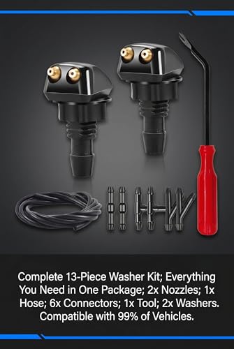 10 PCS Front Windshield Washer Nozzles Kit, Including Hose Sprayer, 6.6Ft Washer Hose with Three Types Connectors and Install Tool, Universal for Most Cars, SUVs, Trucks (Black)