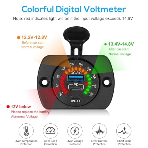 Linkstyle 12V USB Outlet, 30W PD USB C & 18W QC3.0 Ports Car Charger Socket with Color Voltmeter, Switch for RV Boat Truck
