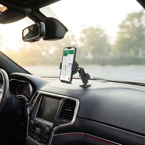 Universal Phone Mount Holder for Car, Truck, Boat - Vibration Dampener, Aluminum AMPS Square Base, Medium Arm, 1s Quick Lock/Release, Camera Friendly, Fits 4.7-7.2" Smartphones - style: Drill Base