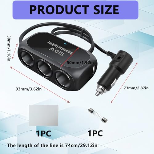 120W 3 Socket Car Cigarette Lighter Adapter,3 Socket Splitter with 2 USB Ports,12V/24V Universal Multi-Port Car Charger with 6-Layer Safety & LED Indicator for Dash Cam GPS Phone Truck SUV