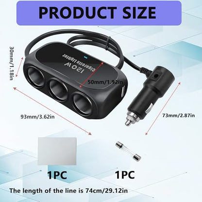 120W 3 Socket Car Cigarette Lighter Adapter,3 Socket Splitter with 2 USB Ports,12V/24V Universal Multi-Port Car Charger with 6-Layer Safety & LED Indicator for Dash Cam GPS Phone Truck SUV