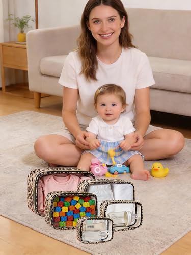 TSA Approved 5 Piece Diaper Bag Organizer Pouch Set, Waterproof Clear Toiletry Bag Travel Packing Organizer Bags Clear Makeup Pouch Cosmetic Case with Zipper Car Essentials Bag - color: 5Pcs Leopard