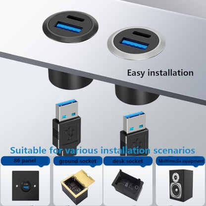 PENGLIN 2PCS Dual USB-C 3.1 & USB 3.0 Female to Female Bulkhead Socket - color: Silver&Black, size: 2PCS