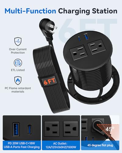Desktop Power Grommet with 20W USB C Fast Charging, 3 inch Flush-Mount Recessed Power Strip for Desk,Office Tables,Furniture, Recessed Outlet 6FT Cord, 45° Thin Flat Plug, 2 USB Ports, Black