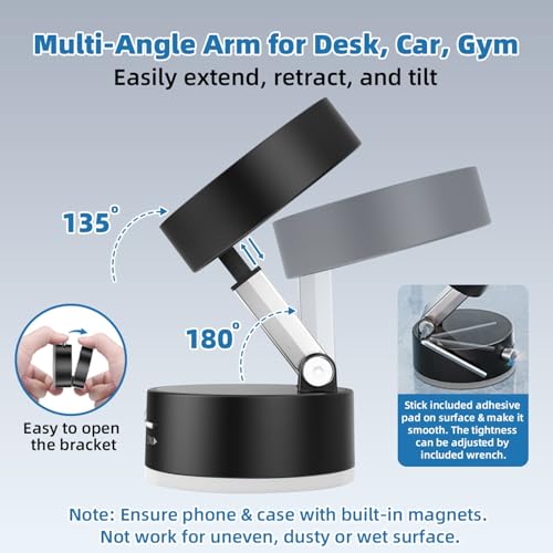 Vacuum Magnetic Phone Holder with Metal Ring Compatible with iPhone 17 All Phone, Portable Universal Collapsible Magnetic Phone Stand for Gym, Car Mount with Windshield Suction Cup - color: Black